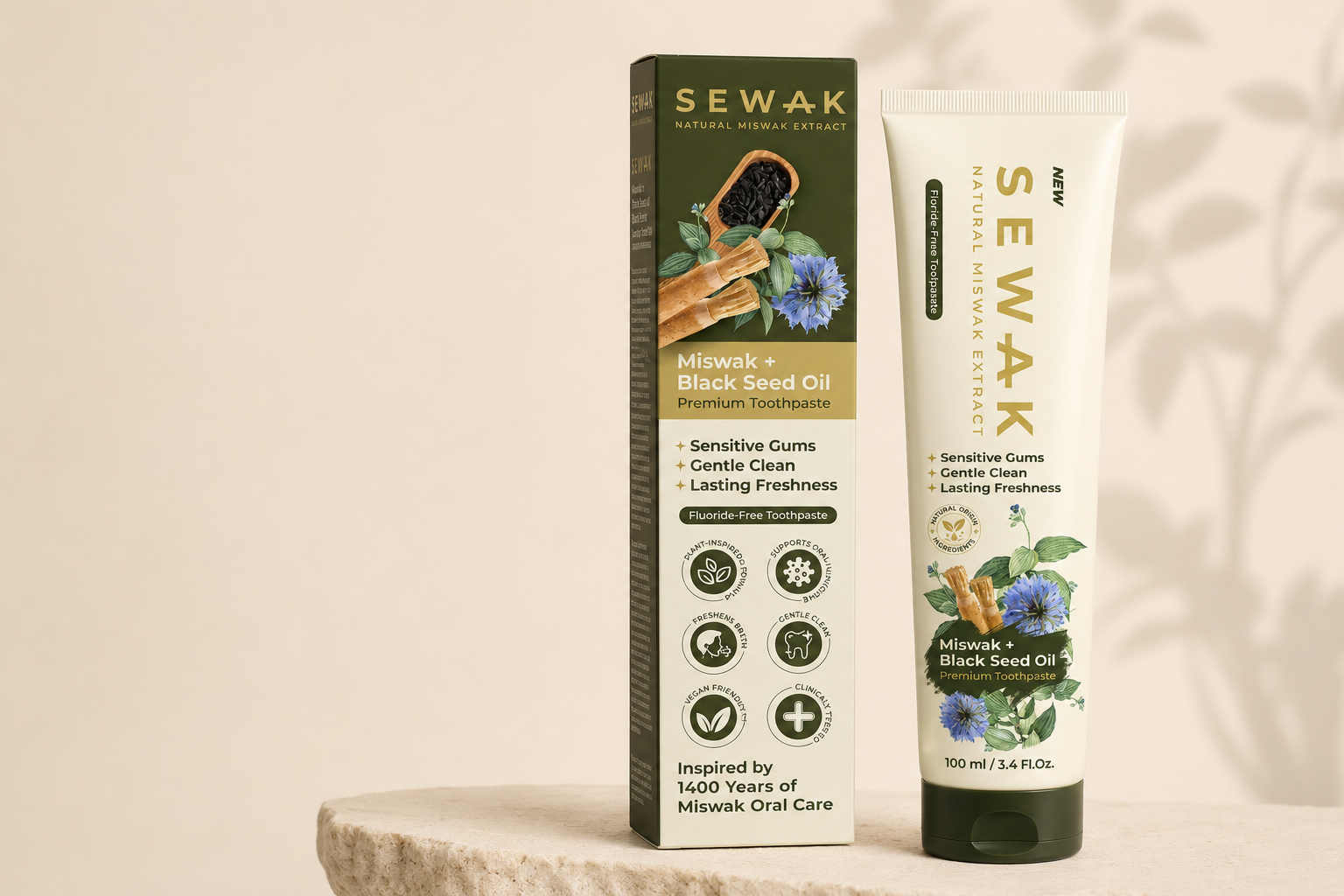 Sewak Miswak and Black Seed Oil premium toothpaste box and tube