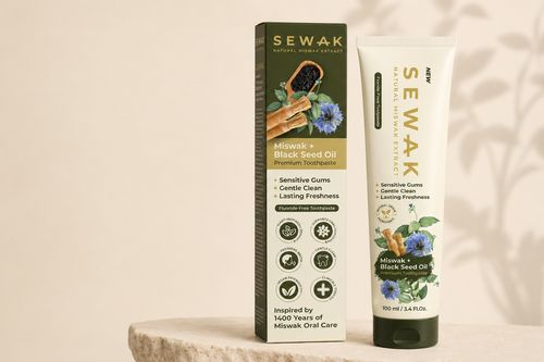 Sewak Miswak and Black Seed Oil premium toothpaste box and tube